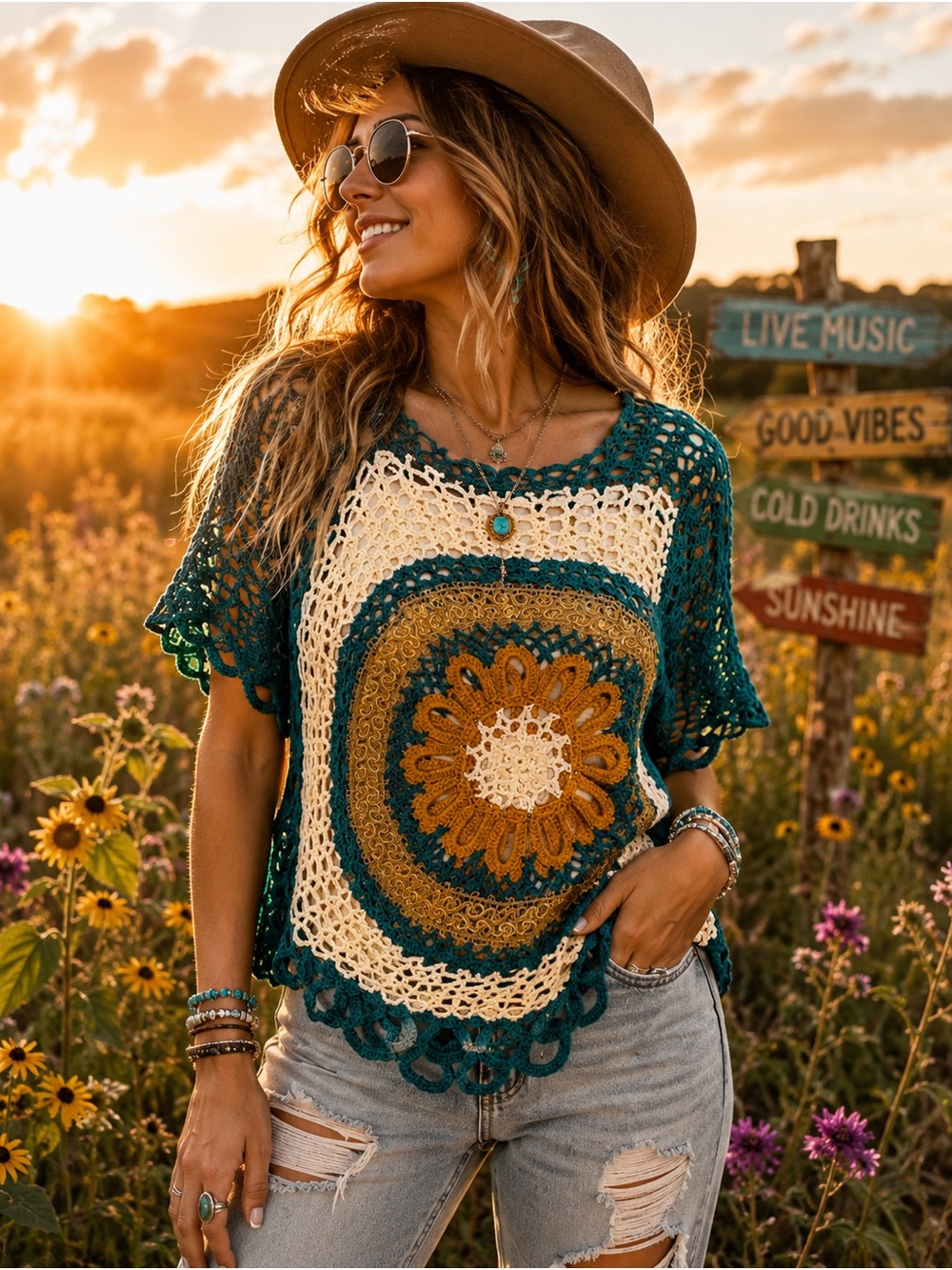 Bacci XL Crochet Sunflower Boho Top Handmade Look Festival Cottagecore